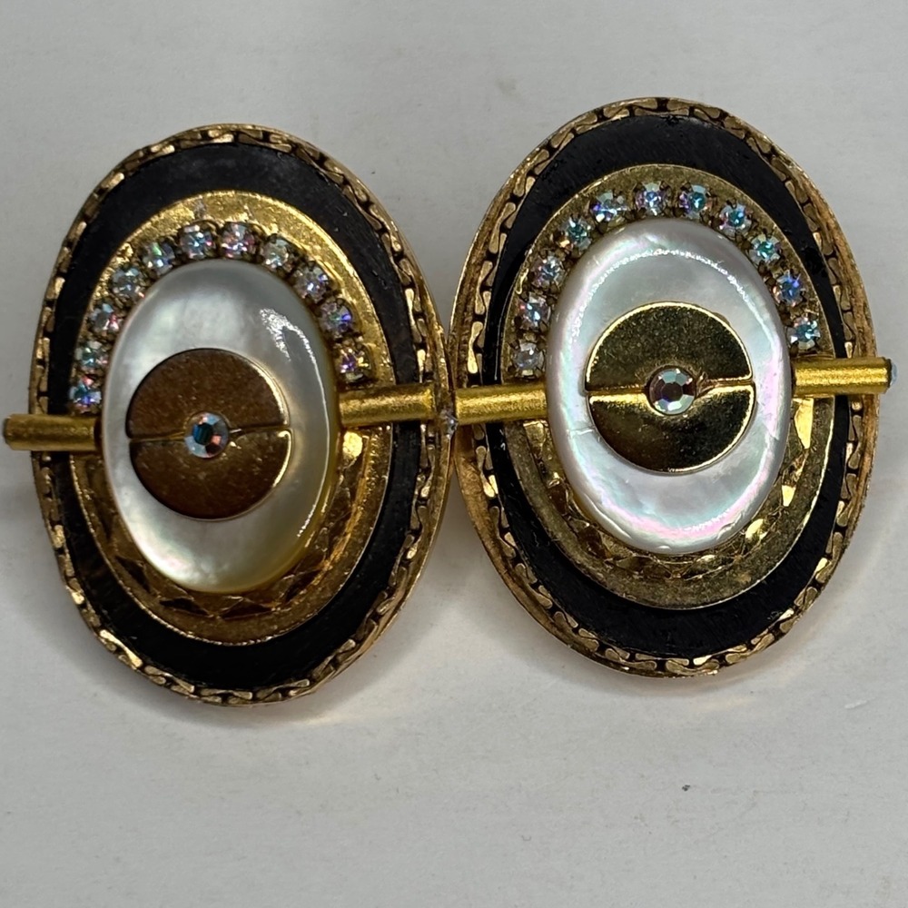 Vtg Marena Earrings Women Gold Tone Mother of Pearl Crystal Enamel Germany